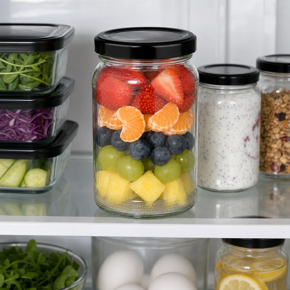 110ml Rundglas mit BasicSeal Deckel schwarz UNiTWIST UNiTWIST Rundglas 110ml mit buntem Obstsalat gefüllt im Kühlschrank neben Meal-Prep-Boxen und Vorratsgläsern