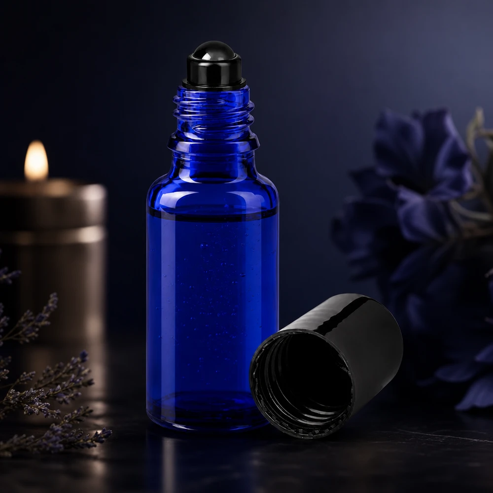 Blaue Rollerflasche 20ml aus hochwertigem Glas mit schwarzer Kugel zur Punktapplikation