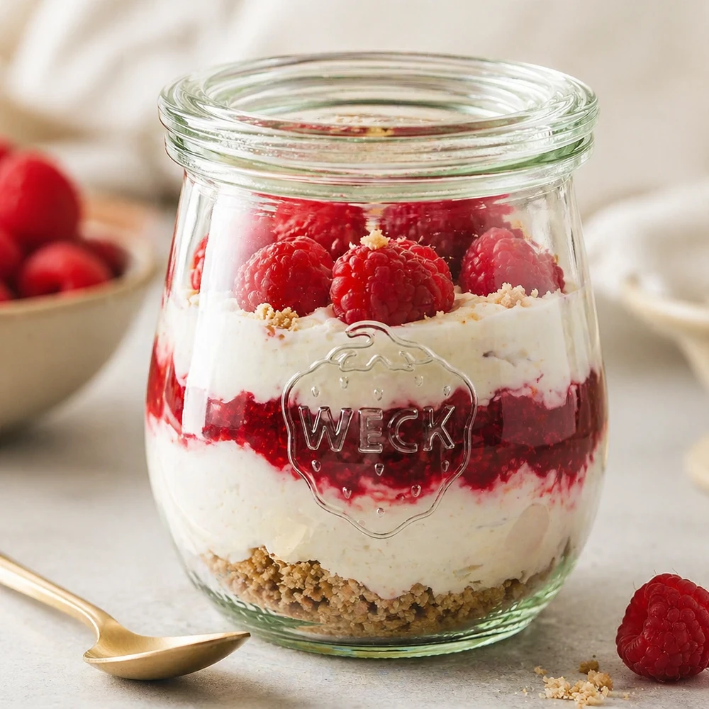 220ml Tulpenglas mit Glasdeckel WECK RR60 WECK Tulpenglas 220ml RR60 als Dessertglas mit Himbeeren und Sahne gefüllt neben goldenem Löffel auf Marmortisch