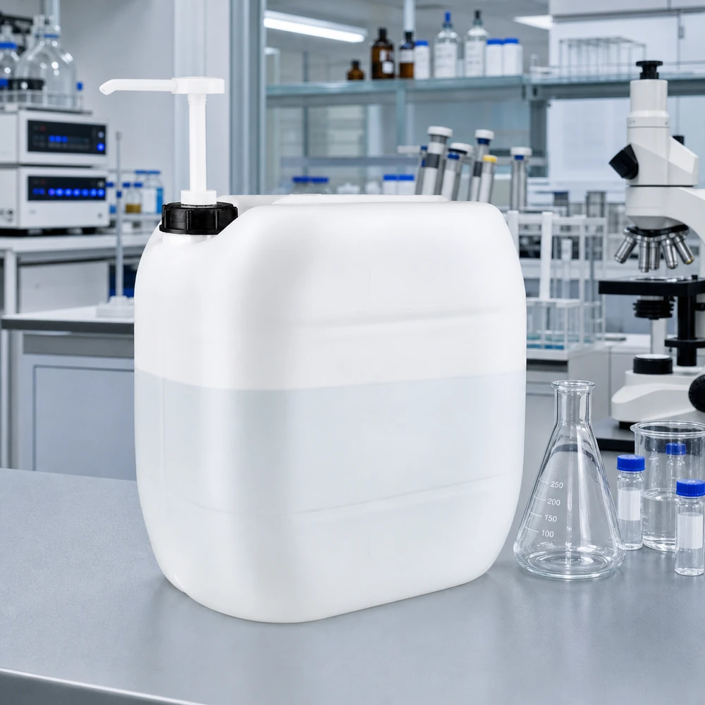 Kanister 30 Liter mit Dosierpumpe Großer weißer Chemikalienkanister 30L mit Pumpenspender auf Edelstahl-Arbeitsfläche