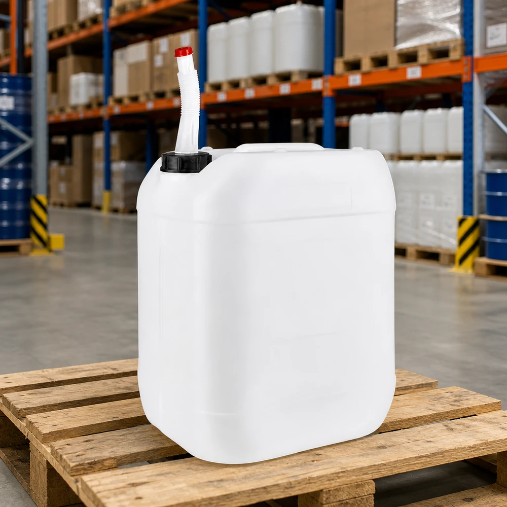 Kanister 20 Liter mit Auslaufrohr Flex Transluzenter Kunststoffkanister 20L mit biegsamem Ausgießrohr für Chemikalien