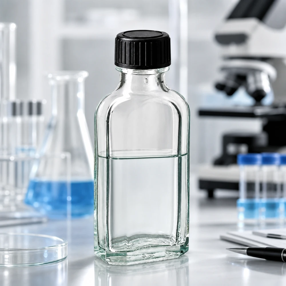 50 ml Meplat klar Schraubverschluss mit LKD-Dichtscheibe Quadratische Klarglasflasche 50ml mit schwarzem Schraubverschluss neben Laborgeräten