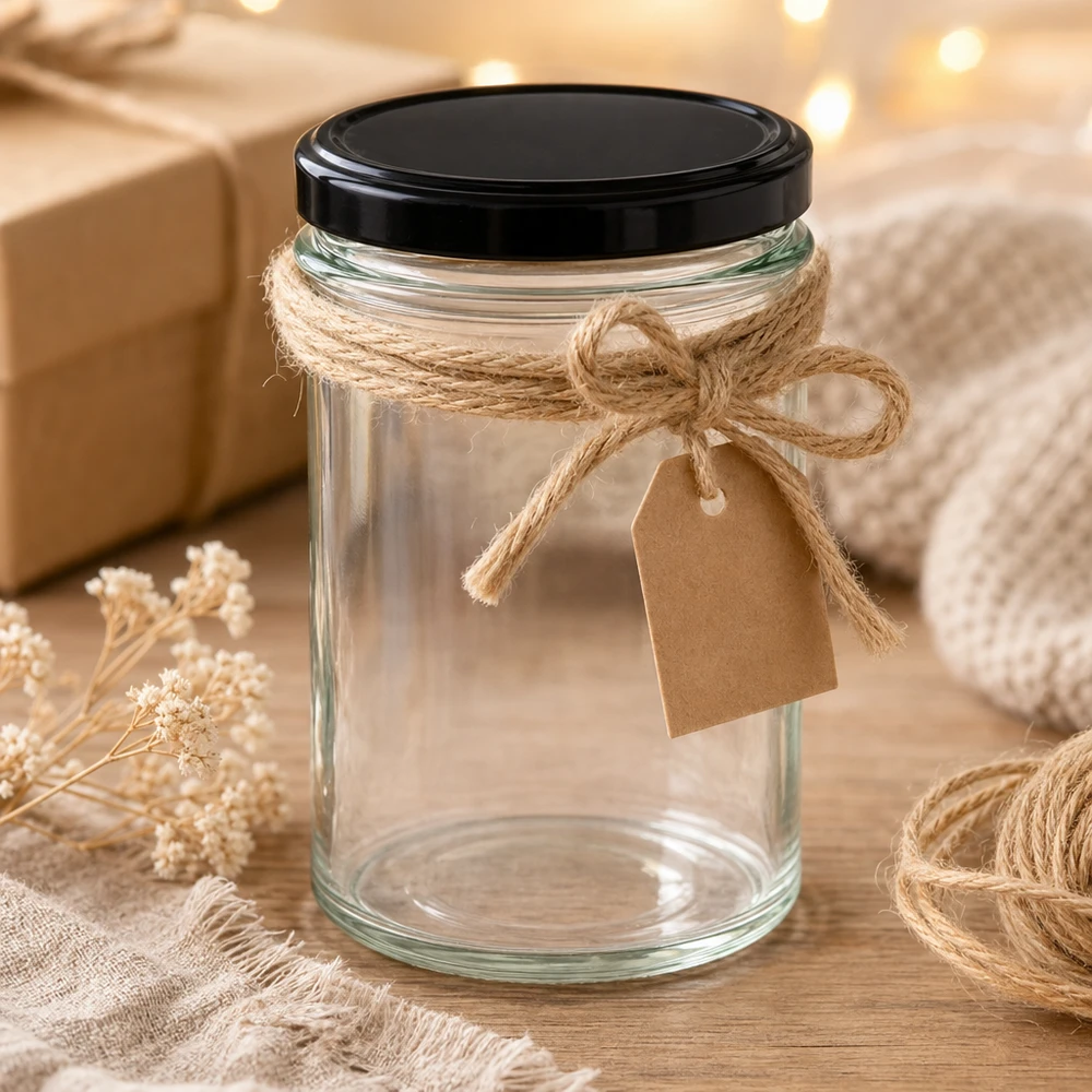 230ml Sturzglas mit schwarzem Deckel und Juteschnur Geschenkverpackung rustikale Dekoration Bastelprojekt