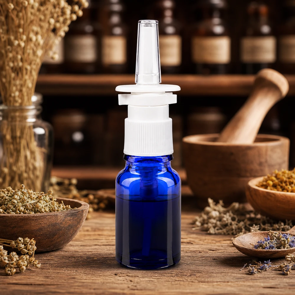Blaue 10ml Pharmaglasflasche mit Nasenspray-Applikator umgeben von getrockneten Heilkräutern