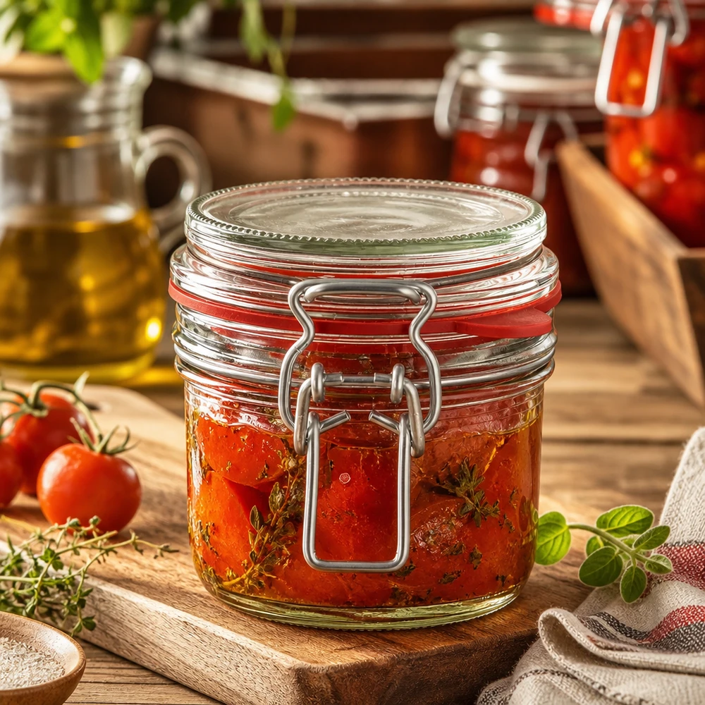 Einmachglas 255ml gefüllt mit eingelegten Tomaten und Kräutern auf Holzbrett in rustikaler Küche