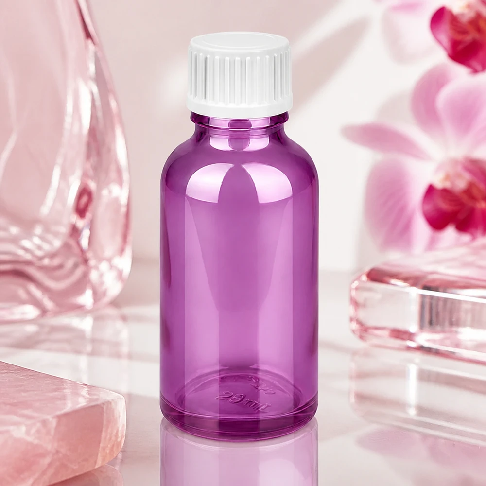 30ml (Globuli)Flasche.. 3mm Giessring weiß Standard PurpleLine. UT18/30 Robuste 30ml Flasche aus getöntem Glas mit UV-Schutz für lichtempfindliche Substanzen