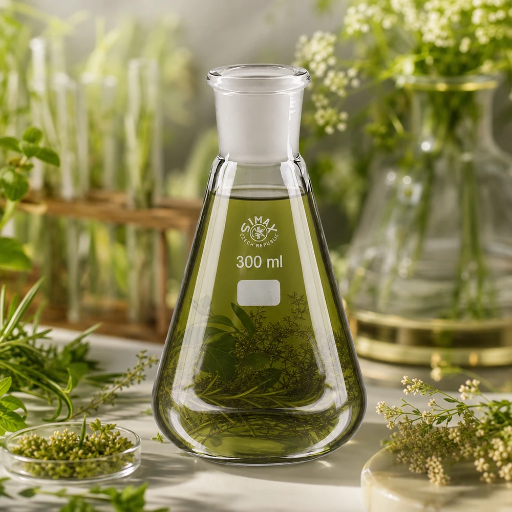 Erlenmeyerkolben 300ml mit organischen Pflanzenteilen ideal für phytochemische Analysen
