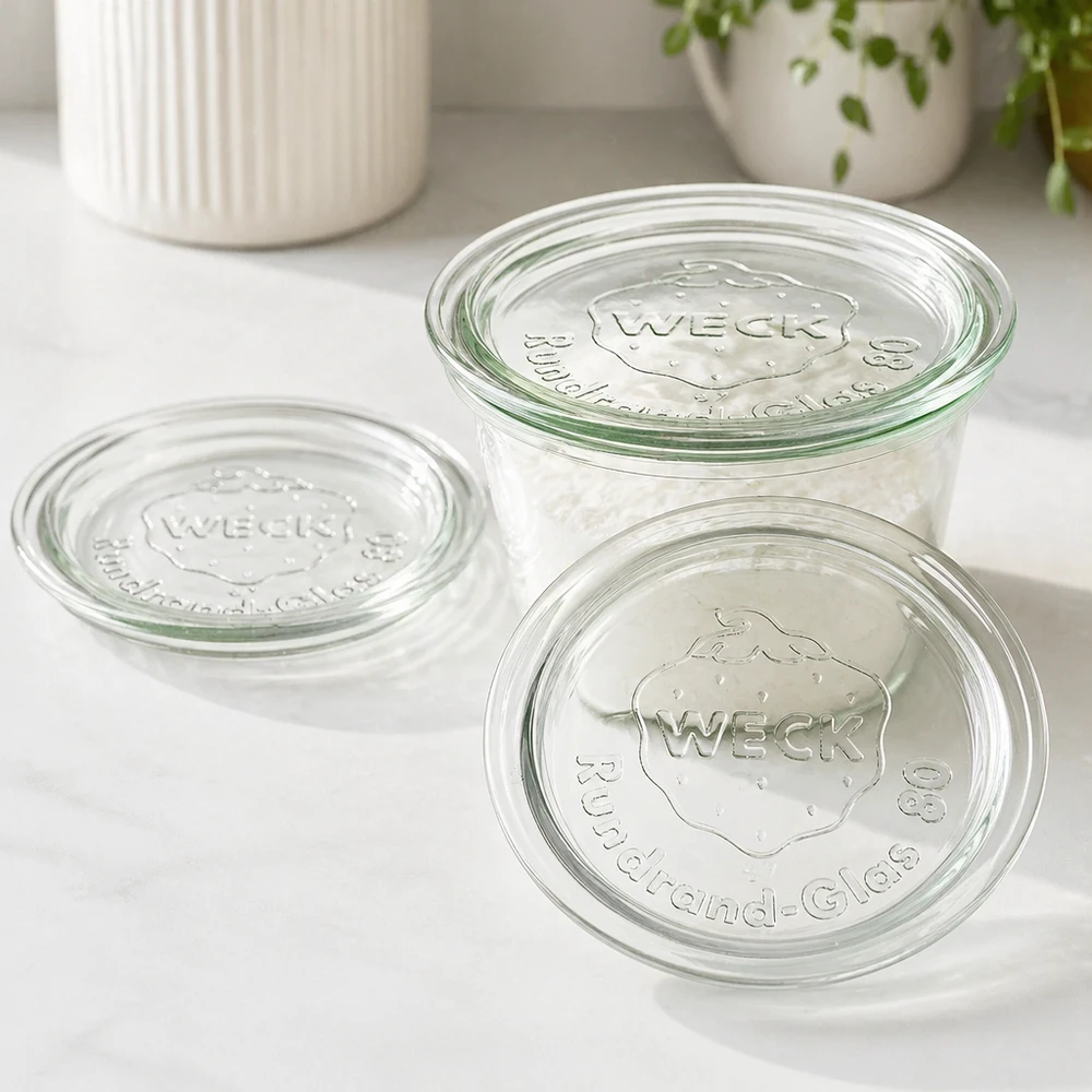 WECK Glasdeckel RR80 WECK Glasdeckel RR80 im 3er-Set auf weißer Oberfläche mit Blumendeko zeigt praktische Aufbewahrung für moderne Küche