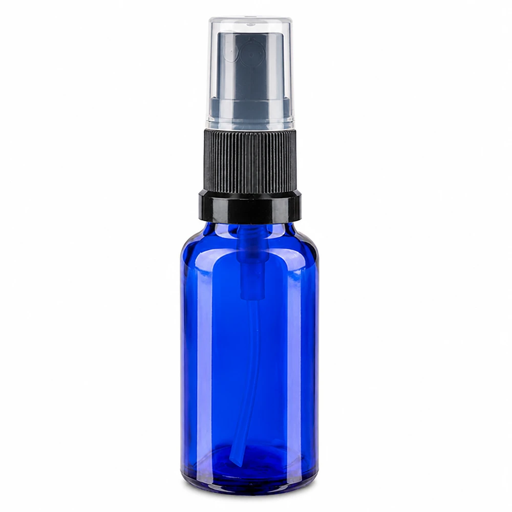 Apothekenflasche blau 20ml Sprayaufsatz schwarz Kleine Apothekersprühflasche 20ml in Blauglas mit schwarzem Zerstäuberkopf