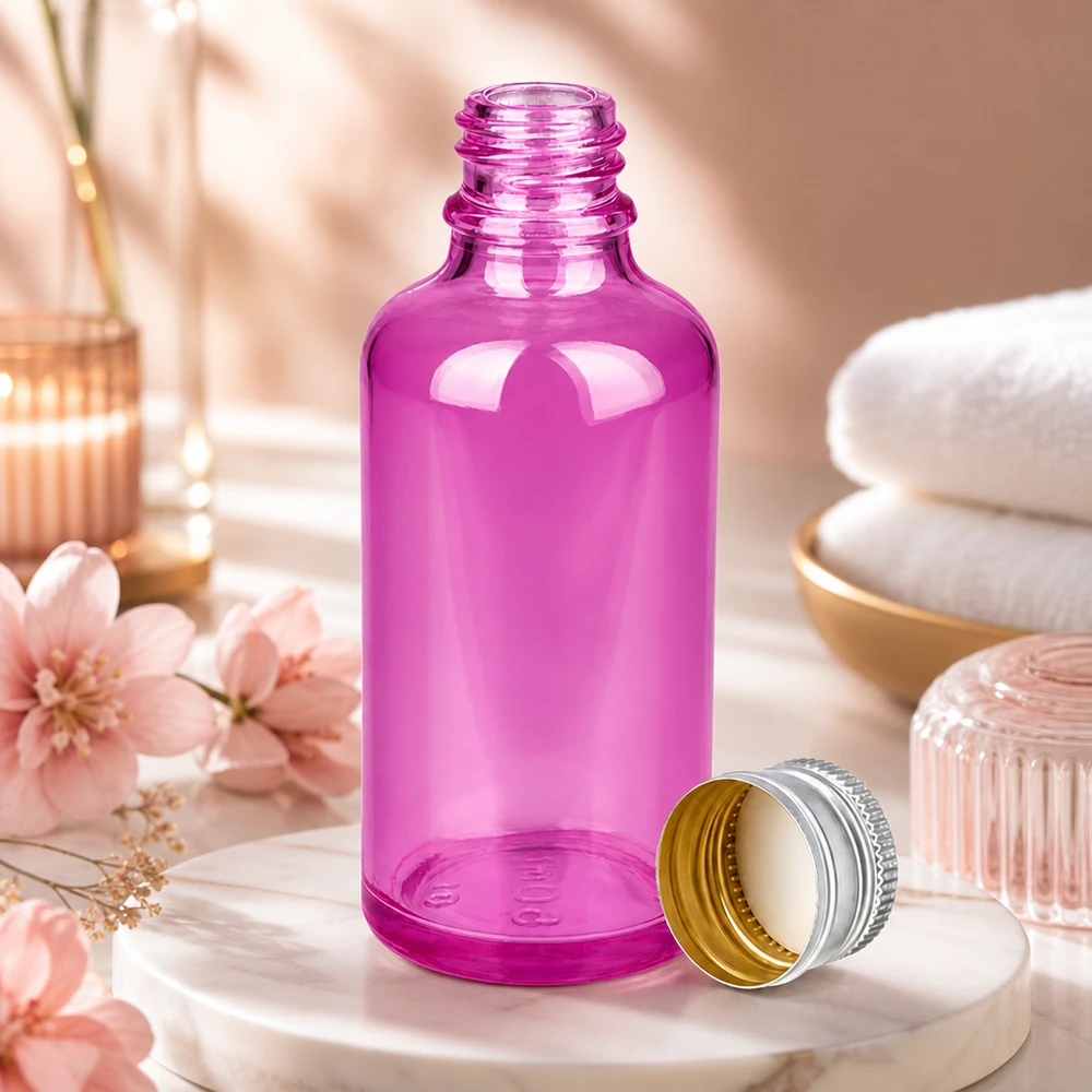 50ml Flasche 11mm Schraubverschluss Alu-Silberer Standard PurpleLine.UT18/50 50ml Violettglas-Flasche mit mattem Silber-Verschluss für optimalen UV-Schutz Ihrer Produkte