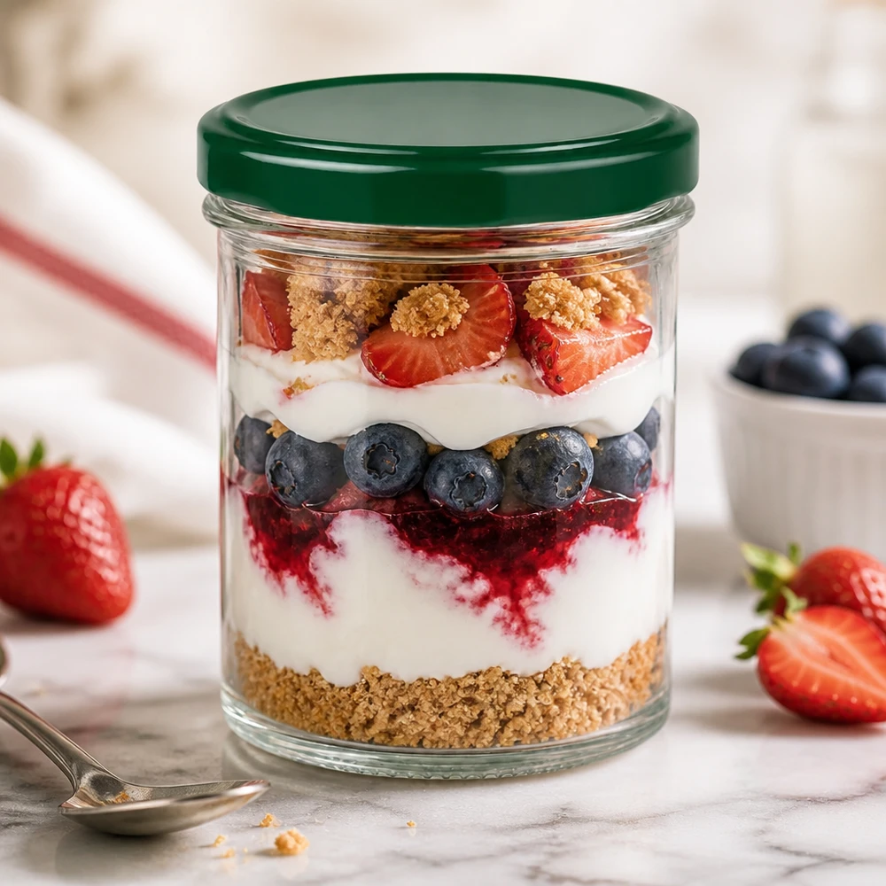 350ml Sturzglas + BasicSeal Deckel grün UNiTWIST 350ml Sturzglas UNiTWIST mit grünem Deckel als Dessertglas für Schichtdessert mit Beeren Joghurt und Kekskrümeln