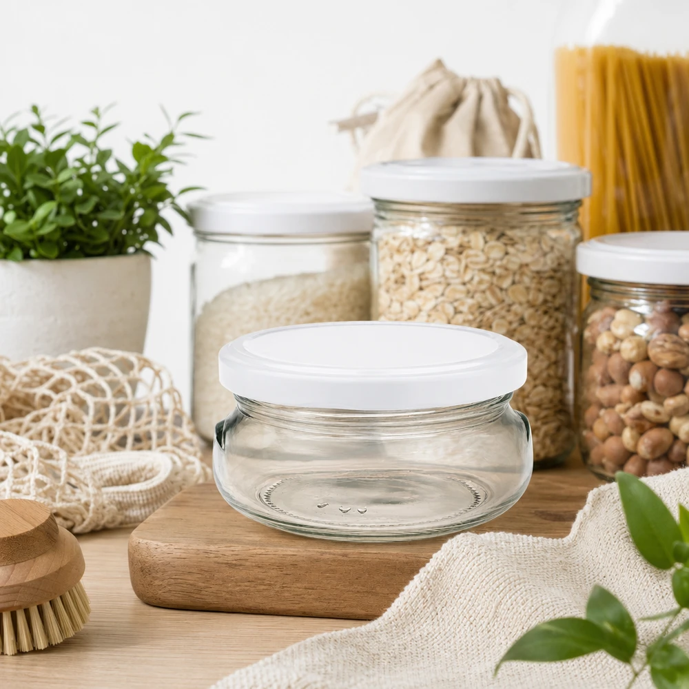 120ml Terrinenglas mit BasicSeal Deckel weiß UNiTWIST Leeres 120ml Terrinenglas mit weißem Deckel in nachhaltiger Zero-Waste Küche mit Vorratsgläsern und Öko-Produkten