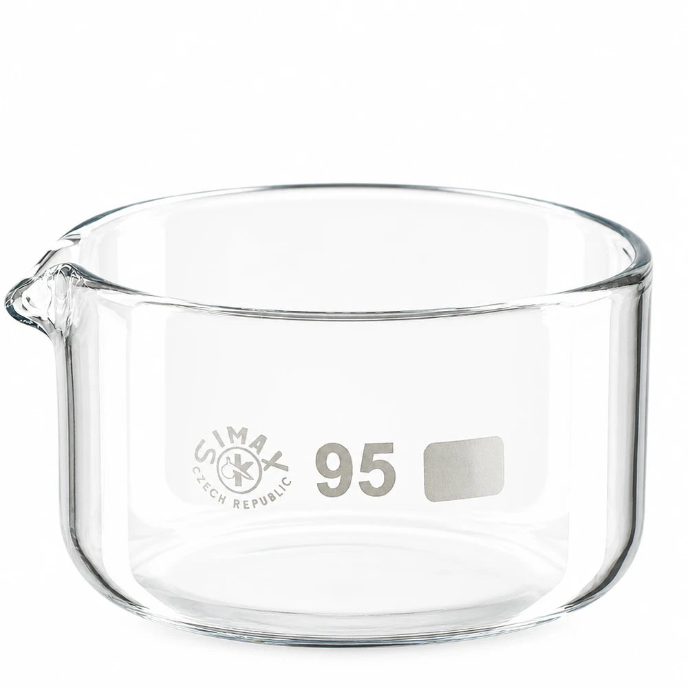 Transparente Glasschale 300ml zylindrisch mit Ausguss ø95mm für Labor und Chemie