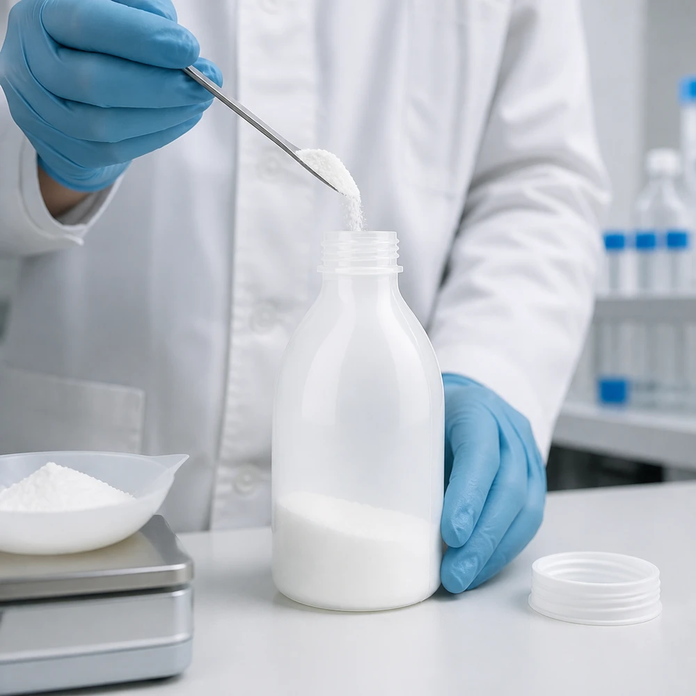 250ml Laborflasche Enghals offen stehend auf Labortisch beim Abwiegen von Substanzpulver