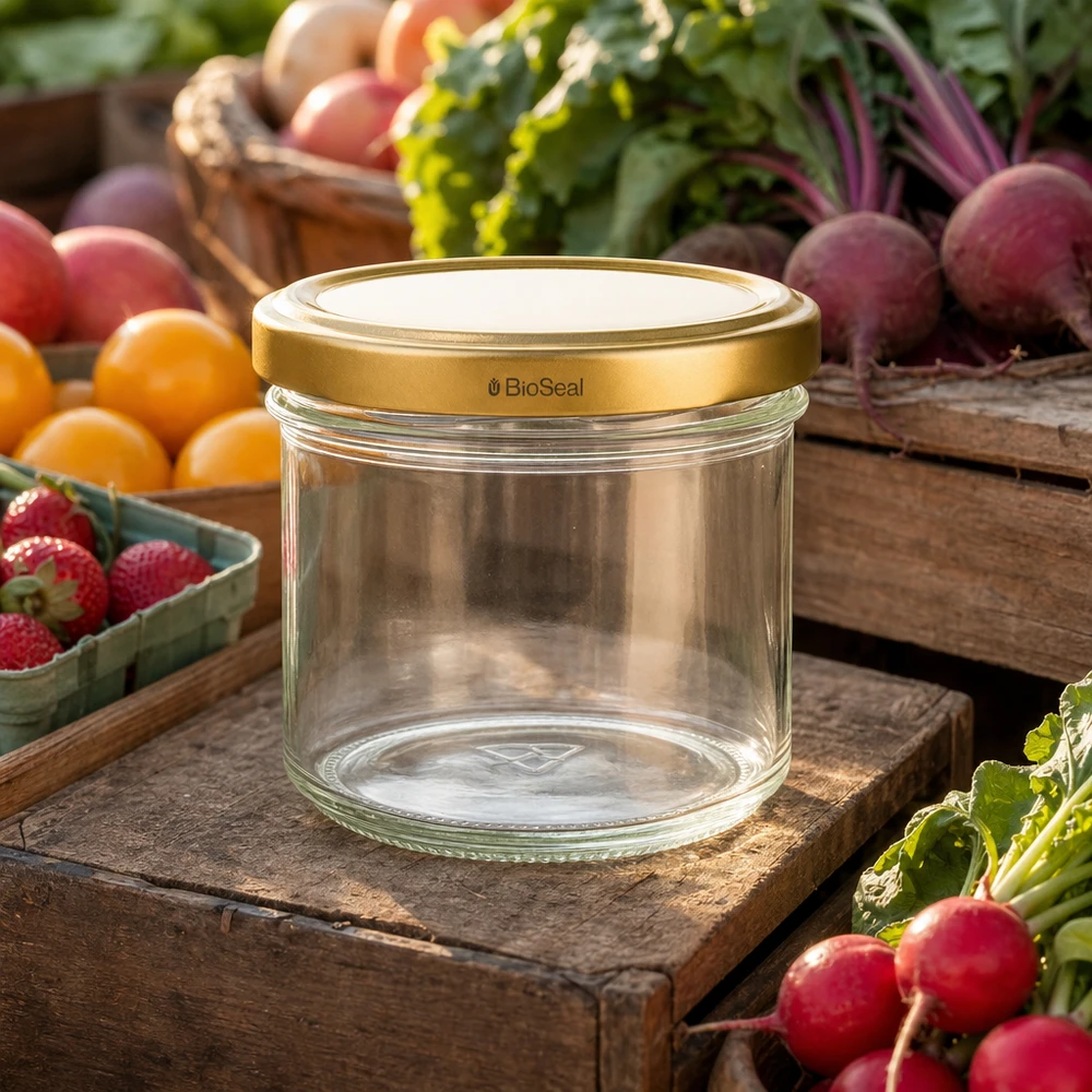 125ml Sturzglas mit BioSeal Deckel gold UNiTWIST UNiTWIST 125ml Einmachglas leer mit goldenem TO66 Deckel - umgeben von frischem Gemüse und Obst auf Holztisch