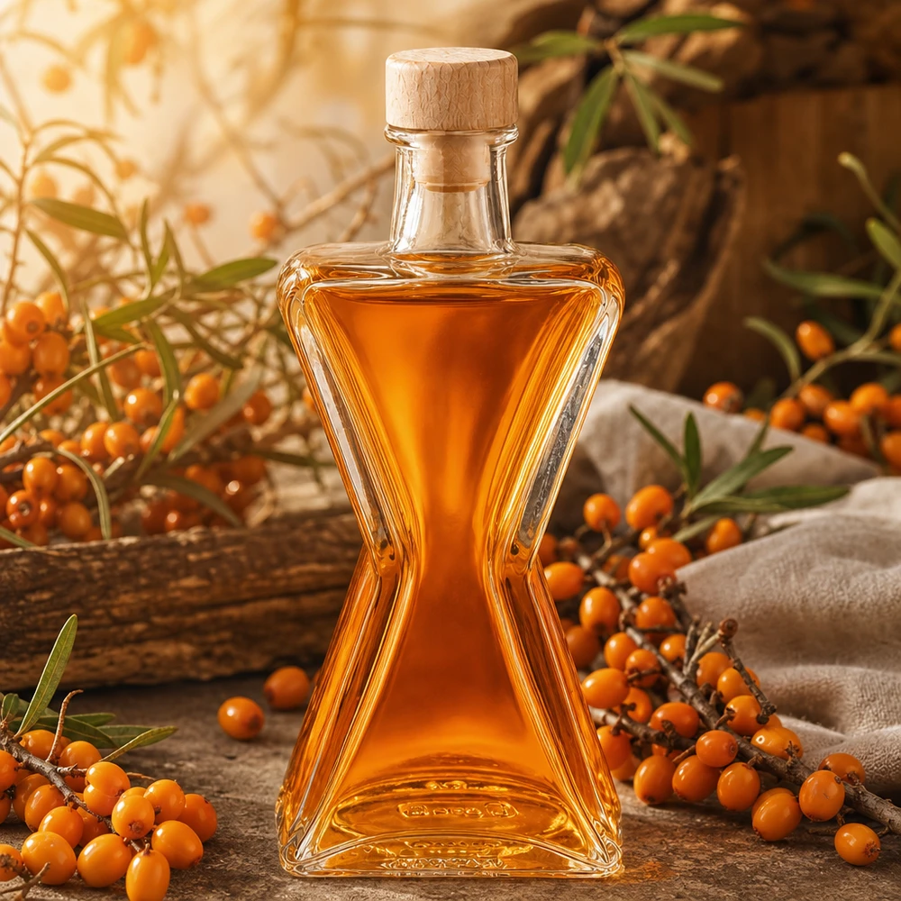 200ml Glasflasche "Star" mit Holzgriff-Korken UNiTWIST 200ml Glasflasche Star mit Sanddornlikör befüllt - Holzkorken UNiTWIST für Kräuterliköre in natürlicher Herbstdekoration