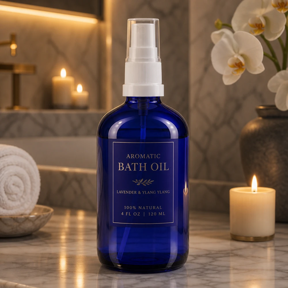 Apothekenflasche blau 100ml Sprayaufsatz weiß Hochwertige Apothekerglas Sprühflasche 100ml in Blau mit Dosierzerstäuber für Badöl und Wellness