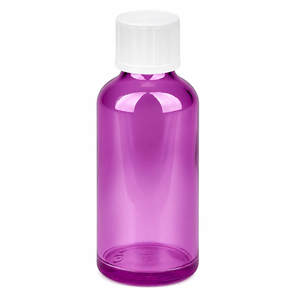 50ml Tropfflasche 1.2mm weiß Standard Kindersicher PurpleLine.UT18/50 Runde Kunststoffflasche 50ml in transparentem Lila mit kindersicherem Verschluss