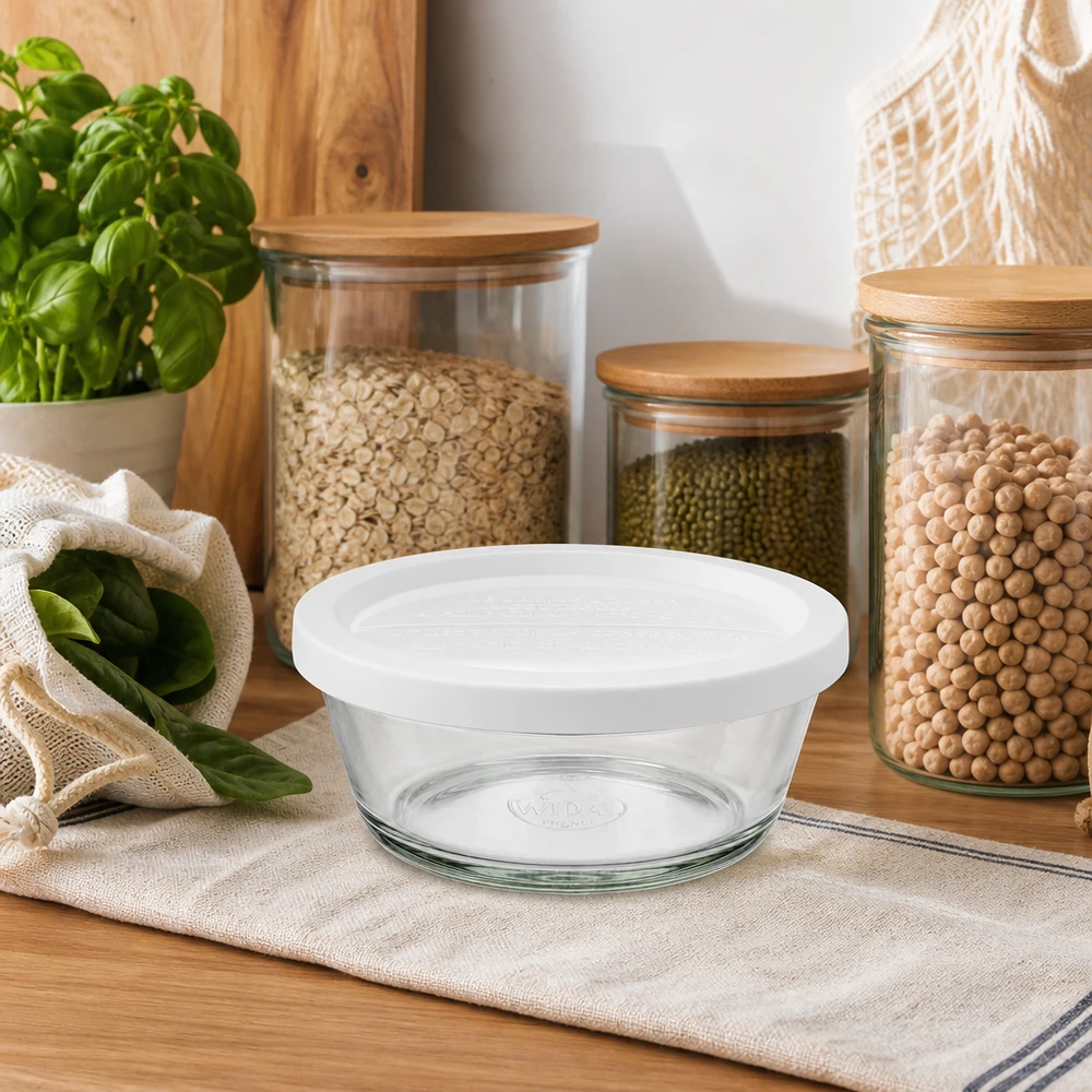 WECK RR120 Gourmetglas 300ml mit weißem Deckel in nachhaltiger Küche neben Vorratsgläsern und Bio-Lebensmitteln