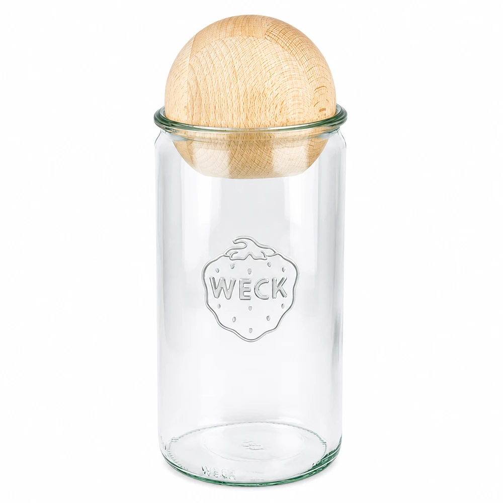 WECK Zylinderglas 1590ml RR100 mit Holzkugel aus Buche als nachhaltiger Verschluss für Vorratshaltung