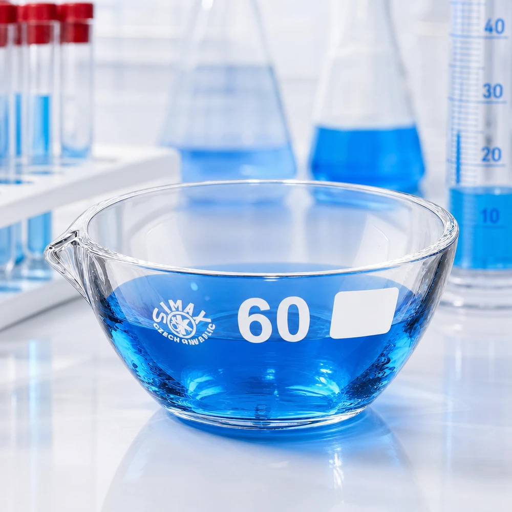 45ml Abdampfschale mit Ausguss Borosilikat ø60mm Säureresistente 45ml Abdampfschale ø60mm aus Borosilikat mit praktischem Ausgieß-Design