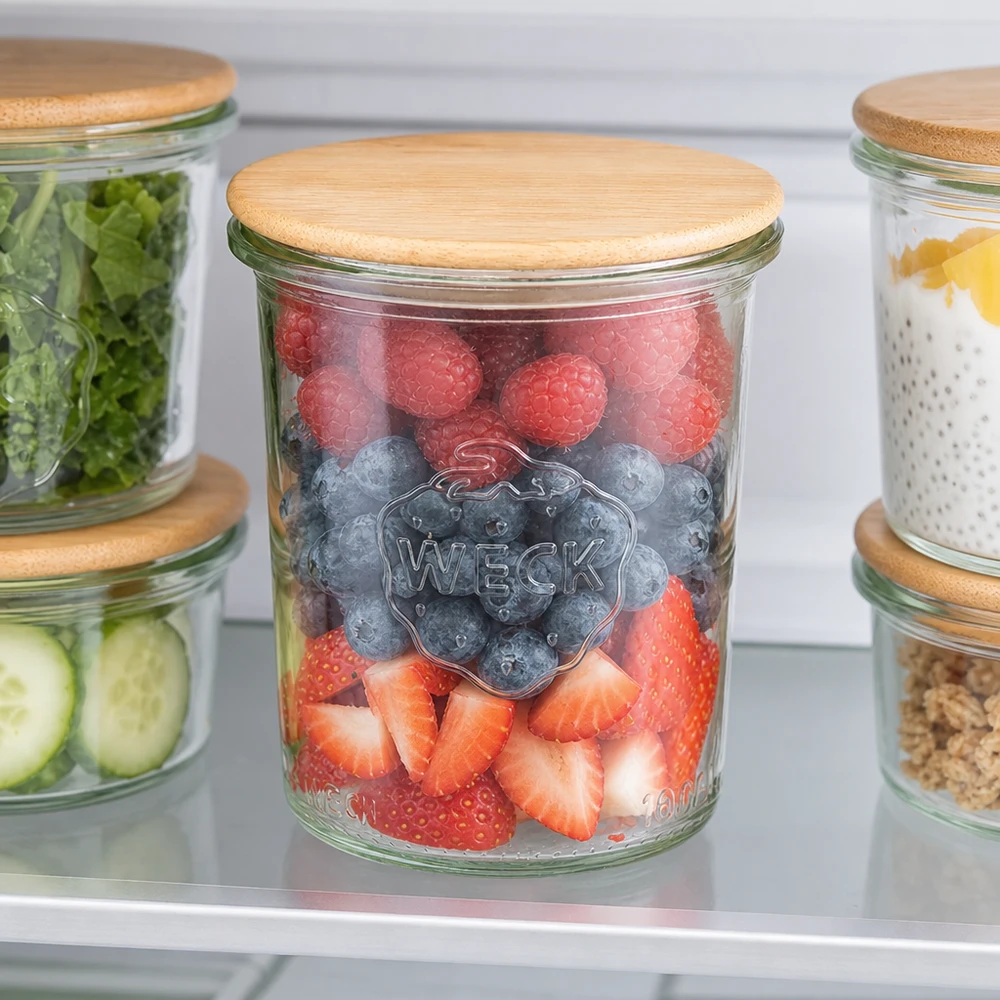 160ml Sturzglas WECK RR60 mit Holzdeckel WECK Sturzglas 160ml RR60 Kühlschrank Aufbewahrung frische Beeren Obst organisierte Vorratshaltung Bambusdeckel