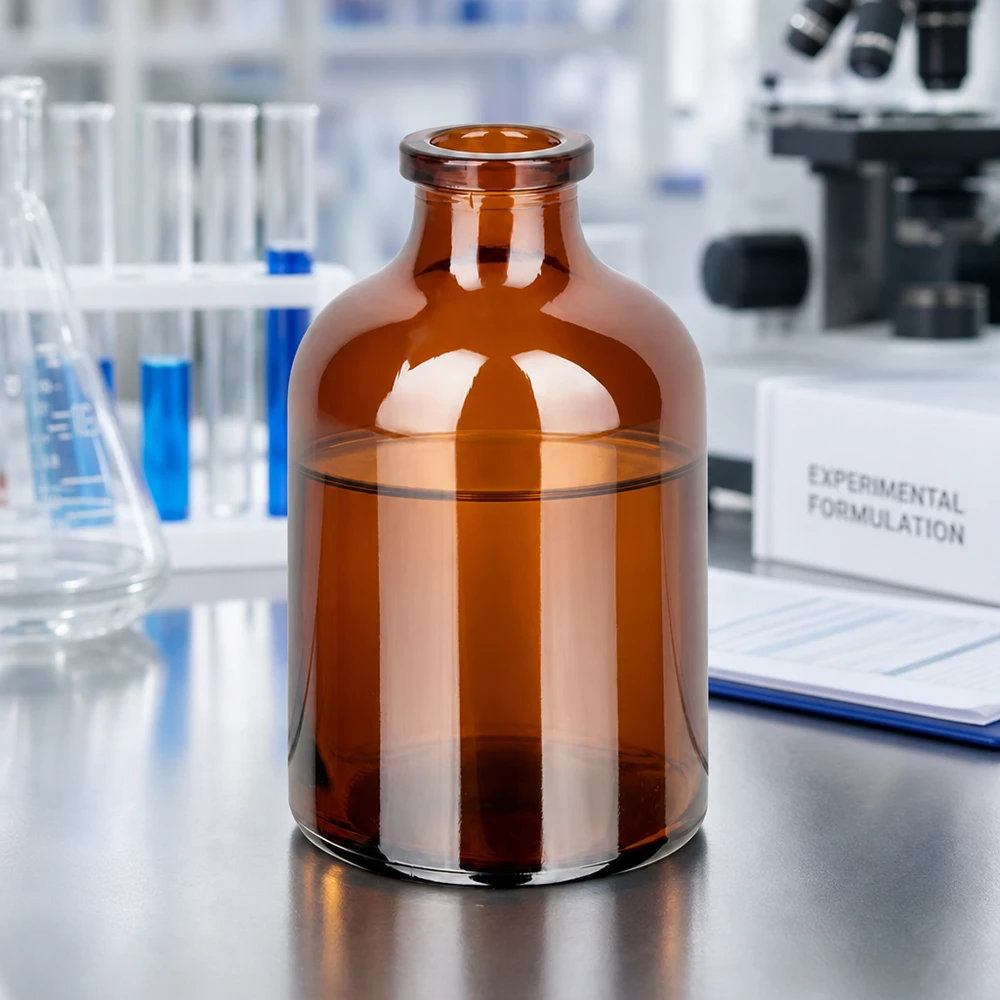Lichtgeschützte Injektionsflasche 50ml aus Borosilikatglas neben Laborinstrumenten