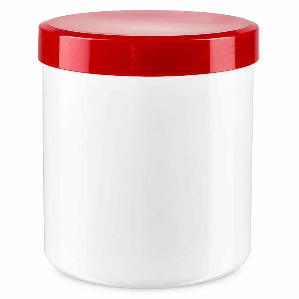 Salbenkruke 20g weiß mit rotem Schraubdeckel (Polypropylen) Leere Salbenkruke 20g Weiss Rot aus PP Kunststoff für pharmazeutische Anwendungen