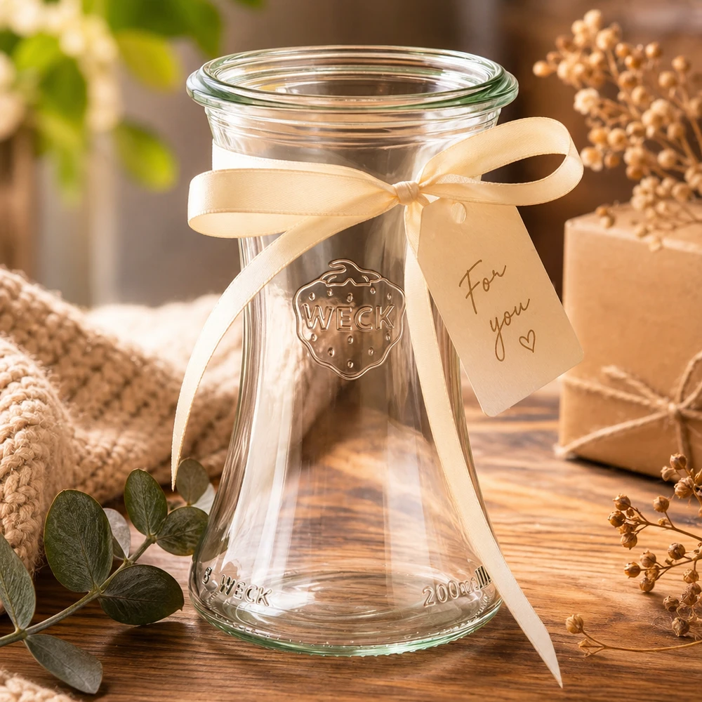 WECK RR60 Delikatessenglas 200ml mit cremefarbener Schleife und Geschenkanhänger als Geschenkverpackung auf Holz