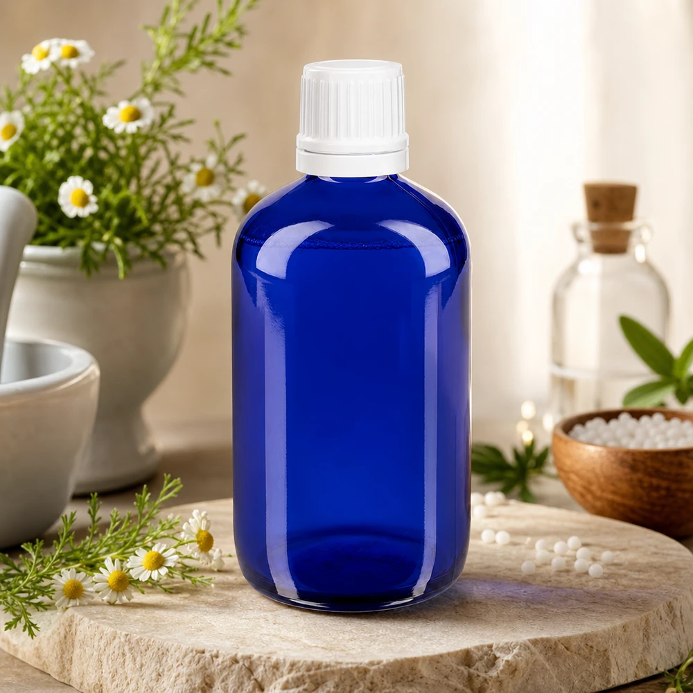 Apothekenflasche blau 100ml Schraubverschluss weiß Originalitätsverschluss Kobaltblaue Apothekerflasche 100ml mit Sicherheitsschraubverschluss weiß zwischen frischen Heilkräutern