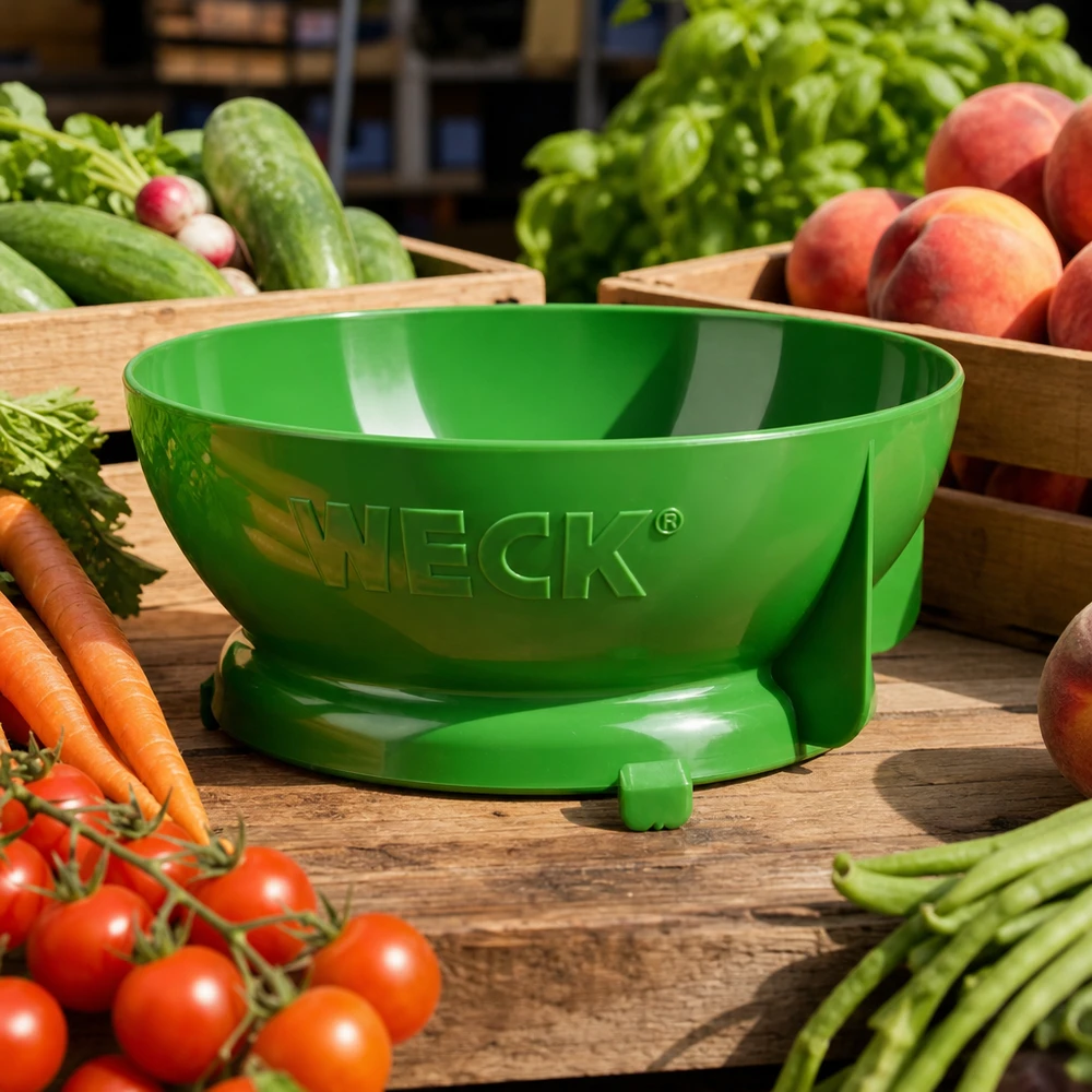 WECK Einfülltrichter grün umgeben von frischem Gemüse Tomaten Karotten Gurken und Pfirsichen auf rustikalem Holztisch