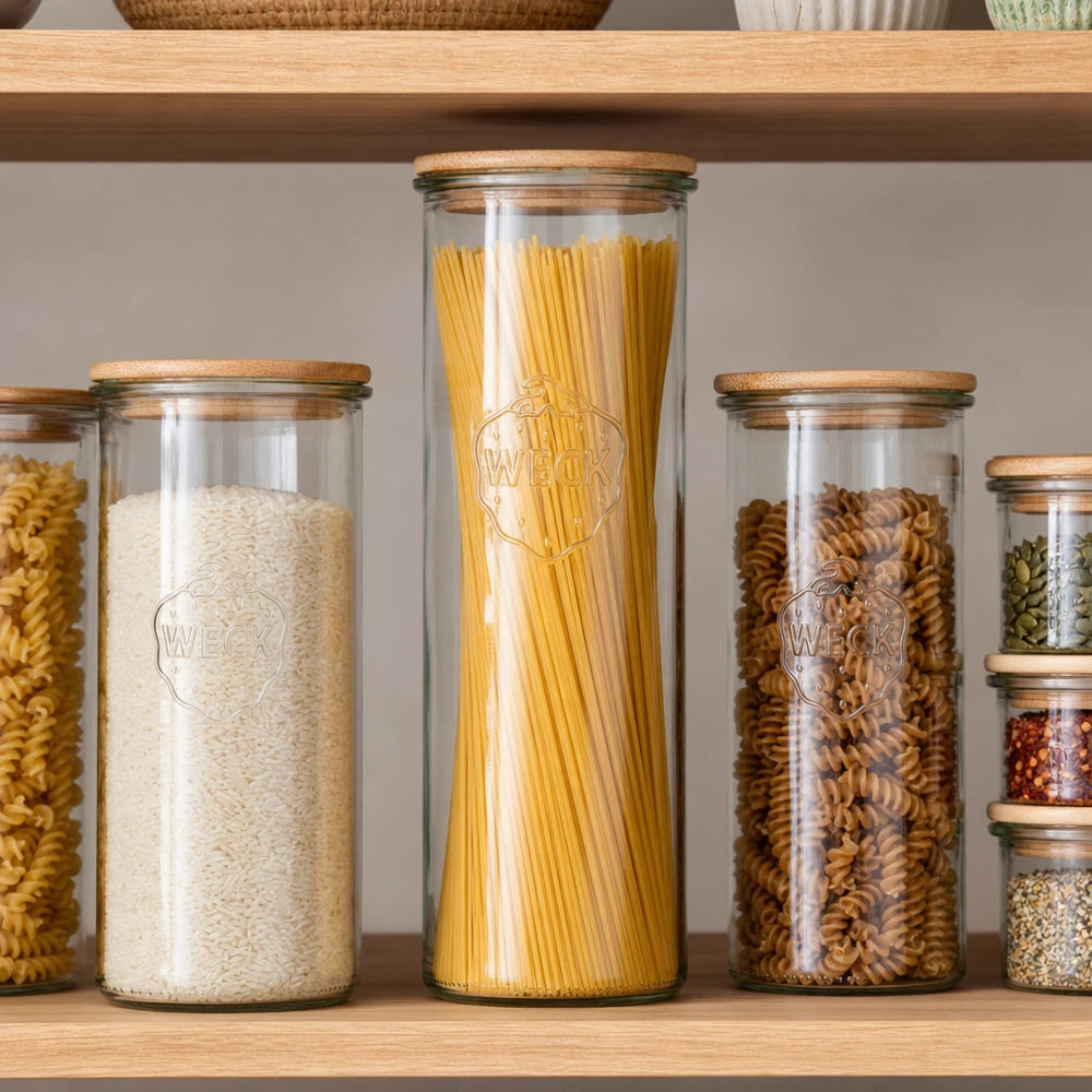 WECK Vorratsglas 1500ml RR100 mit Holzdeckel für Spaghetti Reis Nudeln perfekte Küchenorganisation Pantry