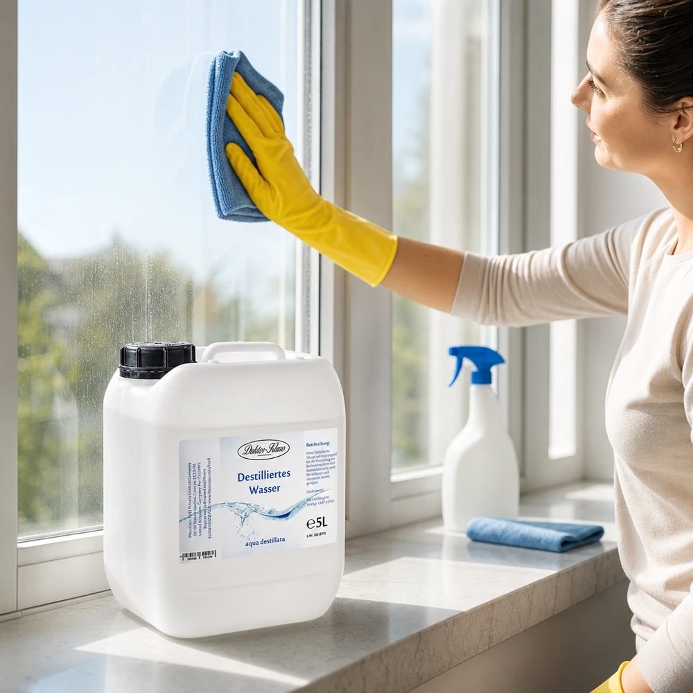 Destilliertes Wasser Doktor-Klaus 5L in hygienischem weißem Behälter für reine Fensterreinigung zuhause