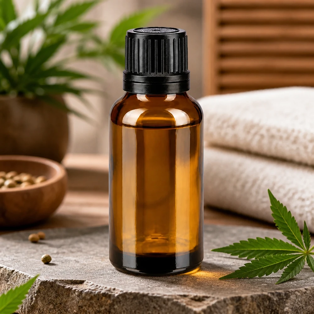 Kleine 20ml ApoGlas-Flasche in Bernsteinbraun mit kindersicherem OV-Verschluss für CBD-Öl