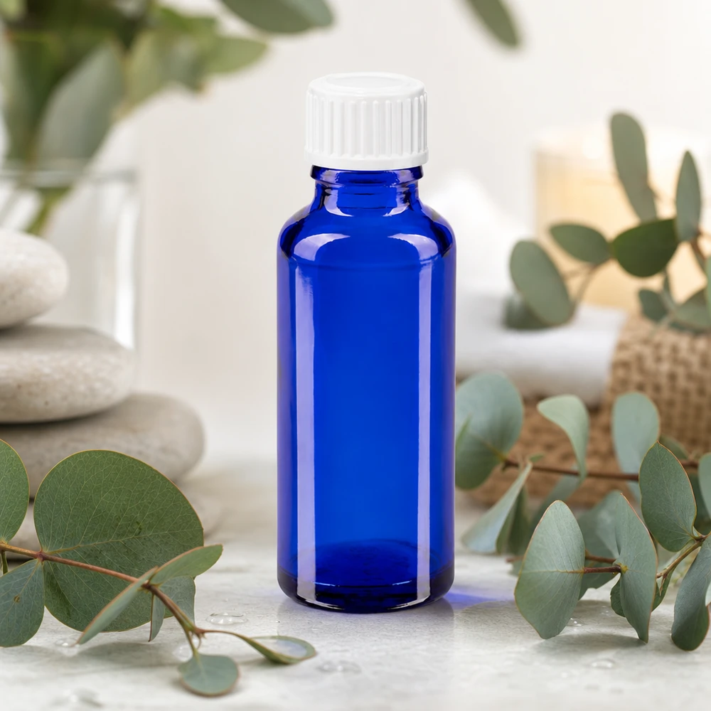 Kobaltblaue 30ml Medizinflasche mit Standardverschluss in natürlicher Wellness-Umgebung