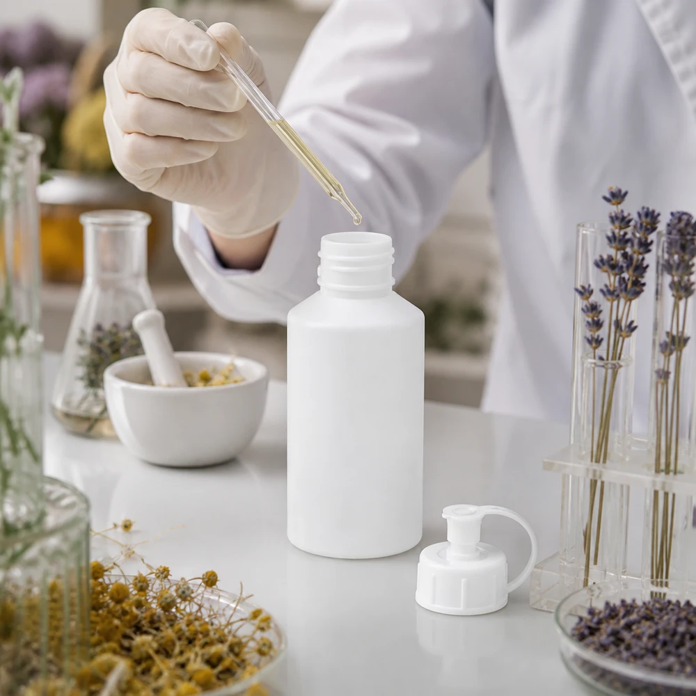 Weiße Apothekerflasche 50ml mit Spritzverschluss umgeben von Kamille und Laborglasgeschirr