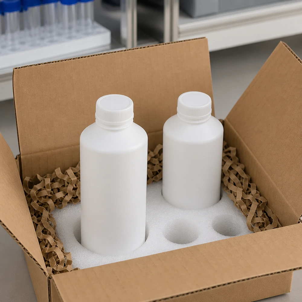 Apothekenflasche HDPE 100ml weiß, ohne Verschluss HDPE Flaschen 100ml weiß ohne Verschluss in professioneller Laborverpackung mit Schutzpolsterung