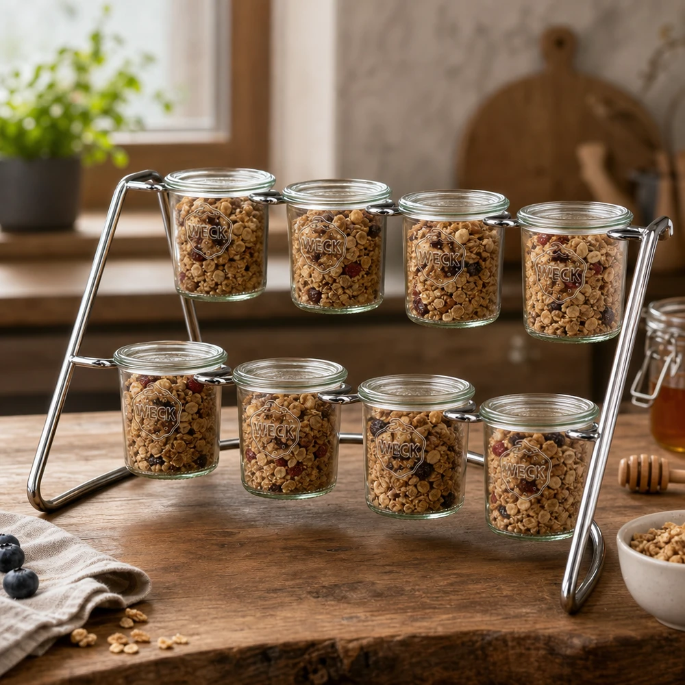 Serviergestell Flato8 mit Müsli und Nüssen in WECK Gläsern - praktische Aufbewahrung für Frühstück und Snacks