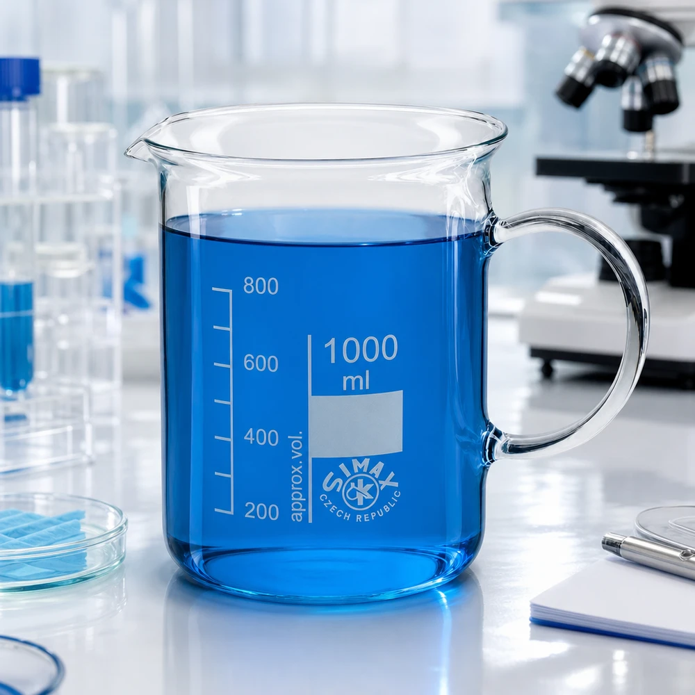 Becherglas 1000ml Borosilikatglas, mit Henkel Becherglas mit Henkel 1000ml Borosilikatglas mit Ausguss und Volumenskala bis 800ml