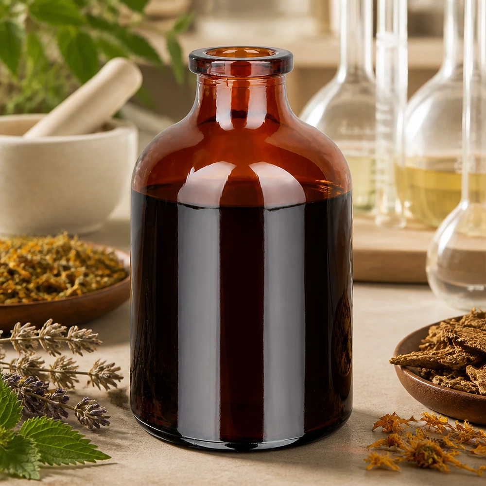 Injektionsflasche 50ml Braunglas mit breitem Zylinderkörper und kurzem Enghalshals in Naturumgebung