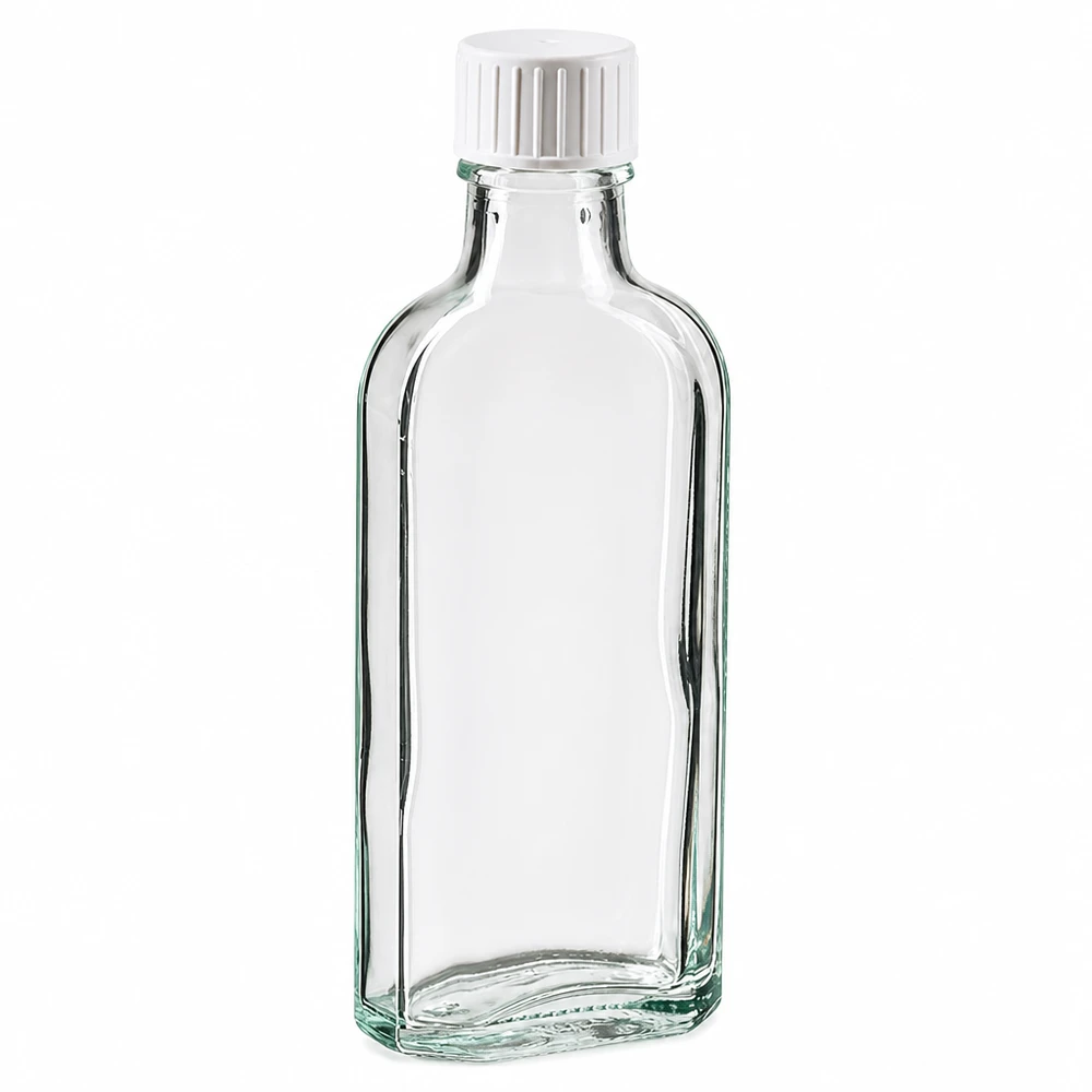 Transparente Glasflasche 100ml flache Meplat Form mit weißem Kunststoffdeckel