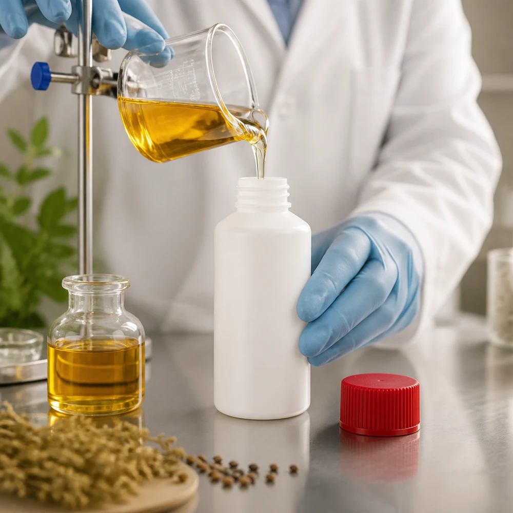 Befüllung einer weißen 50ml Apothekenflasche HDPE mit ätherischem Öl im Reinraumlabor
