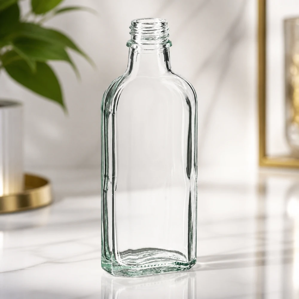 100 ml Meplatflasche klar DIN22 Flache 100 ml Glasflasche klar DIN22 mit abgerundeten Kanten und breiter Standfläche
