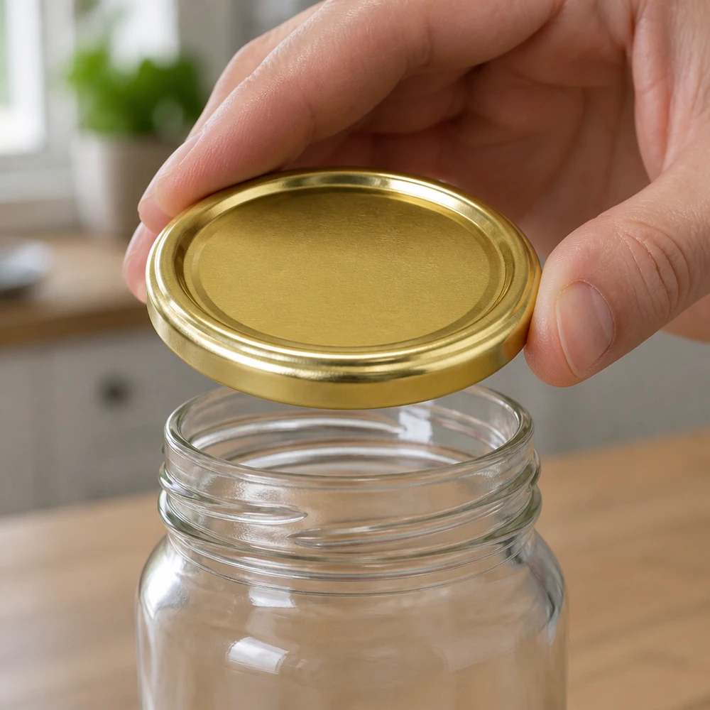 UNiTWIST TO43 gold, BioSeal, BPA-NI, unitemp Finger legen goldenen Schraubdeckel TO43 auf Glasgefäß UNiTWIST BioSeal unitemp