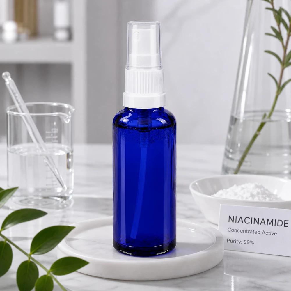 Kobaltblaue Sprühflasche aus UV-Schutzglas mit transparenter Kappe auf Marmor