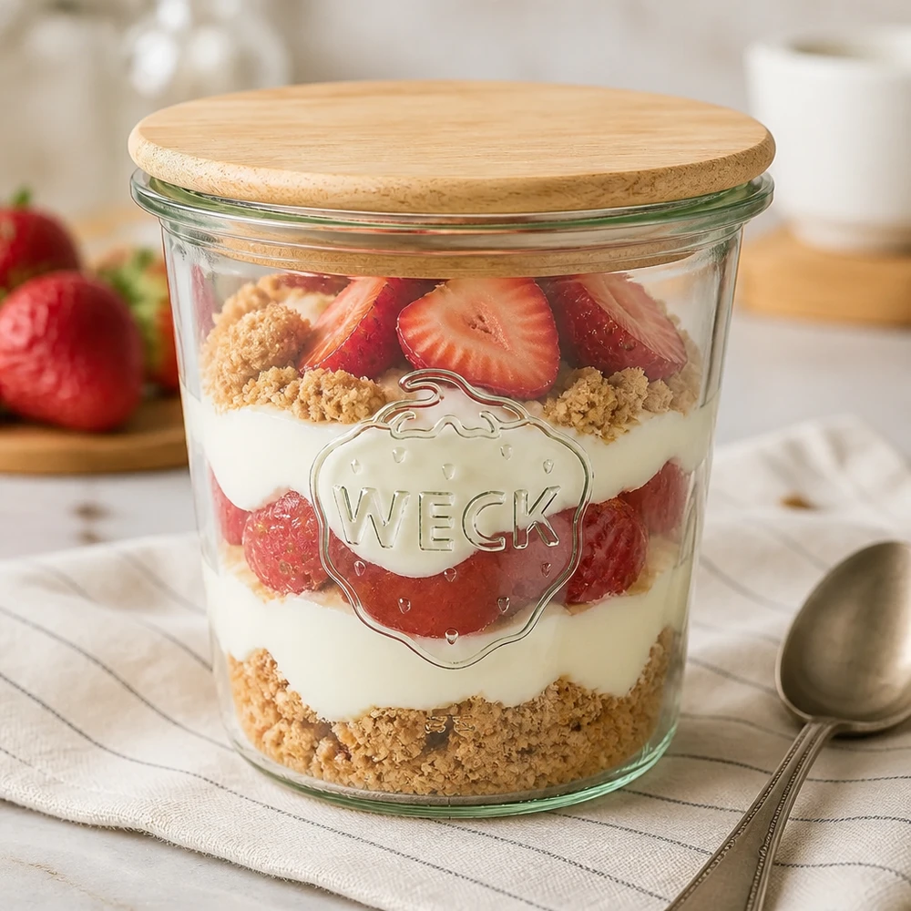 WECK Sturzglas 580ml als Dessertschale mit Erdbeeren und Kekskrümeln, Holzdeckel verschlossen auf Küchentisch