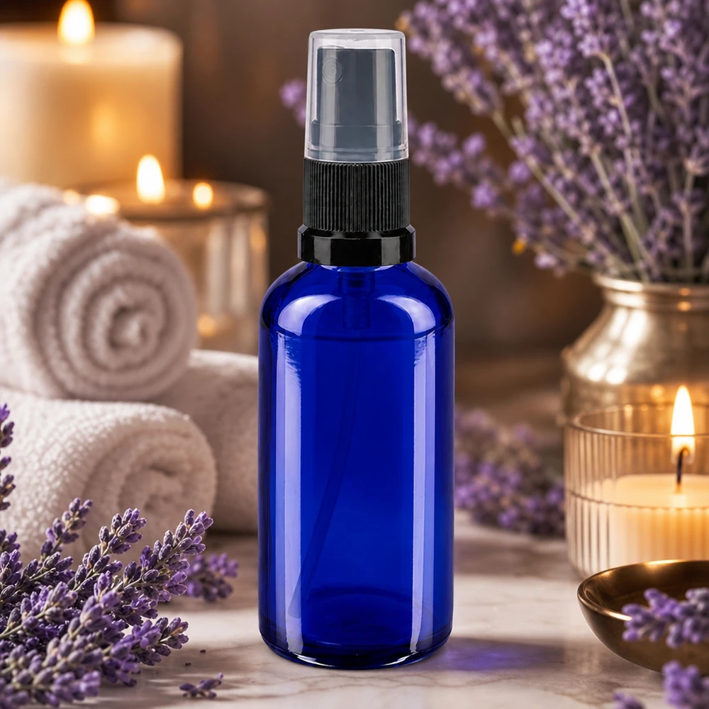 Apothekenflasche blau 50ml Sprayaufsatz schwarz Kobaltblaues Sprühfläschchen 50ml aus Apothekerglas mit transparenter Schutzkappe