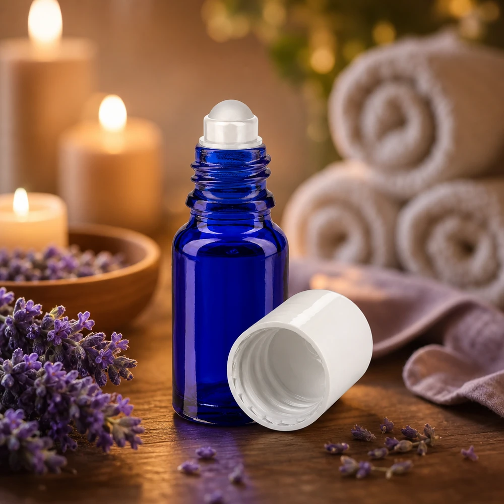Blaue Apothekerglasflasche 10ml mit weißem Verschluss in entspannender Spa-Atmosphäre