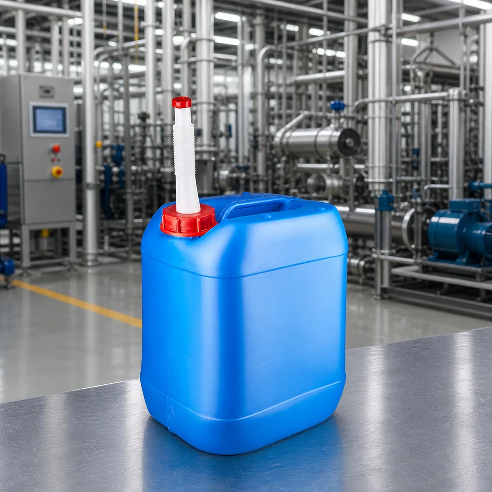 HDPE Kanister 20L blau mit Flex-Auslaufrohr und rotem Sicherheitsverschluss für Chemikalien