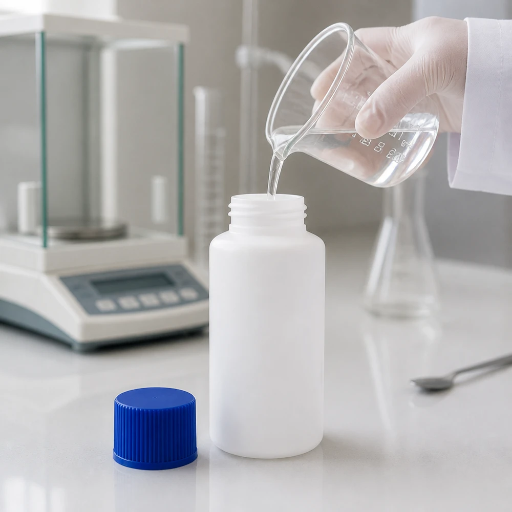 Apothekenflasche HDPE 30ml weiß, mit blauem Schraubverschluss Weiße 30ml Kunststoffflasche aus HDPE mit blauem Verschlussdeckel neben Präzisionswaage im Labor